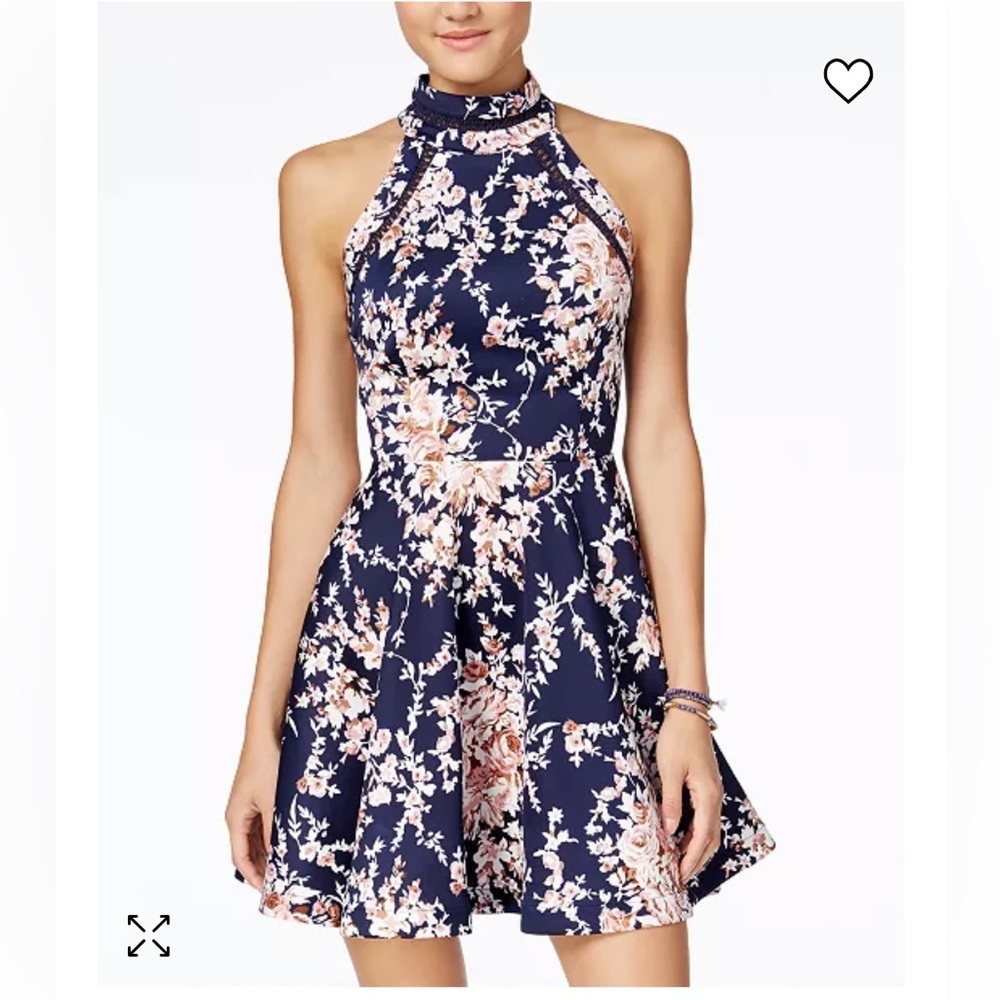 B. Darlin 7/8 Mock-Neck Crochet-Trim Fit & Flare Dress Navy Blue Pink Flowers
